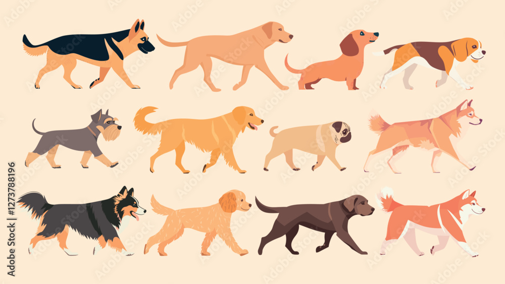 Fototapeta premium Diverse dog breeds illustration, isolated vector set