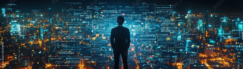 Man Analyzing Career Paths on Digital Screen Overlooking City Lights at Night Man Analyzing Career Paths on Digital Screen Overlooking City Lights at Night