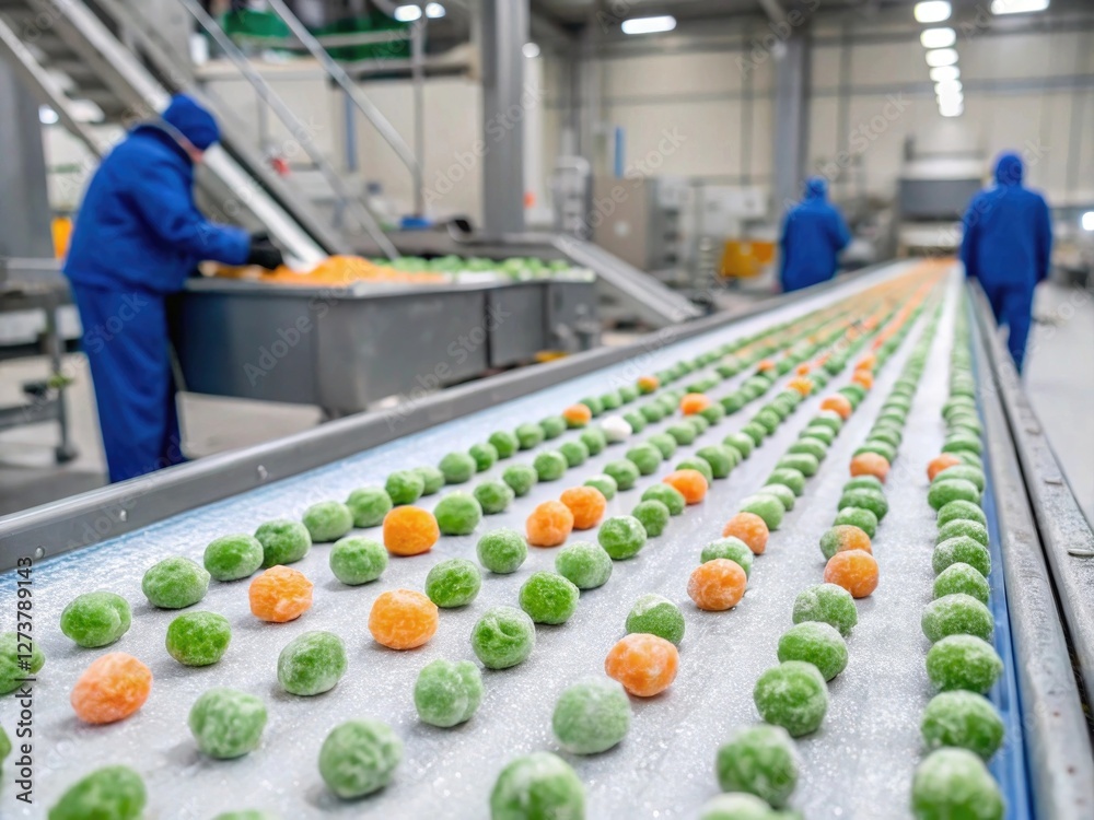 Workers inspecting vegetables on a conveyor belt in a food processing facility, ensuring quality control. Workers inspecting vegetables on a conveyor belt in a food processing facility, ensuring quality control.