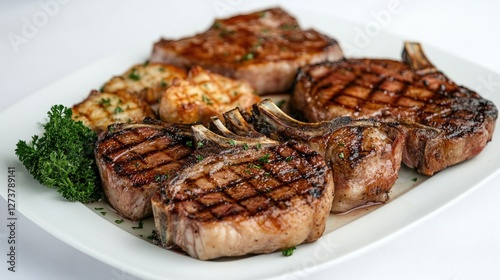 An attractive presentation of fresh pork chops with bone-in and boneless options, arranged on a white plate and set against a white background for clarity.