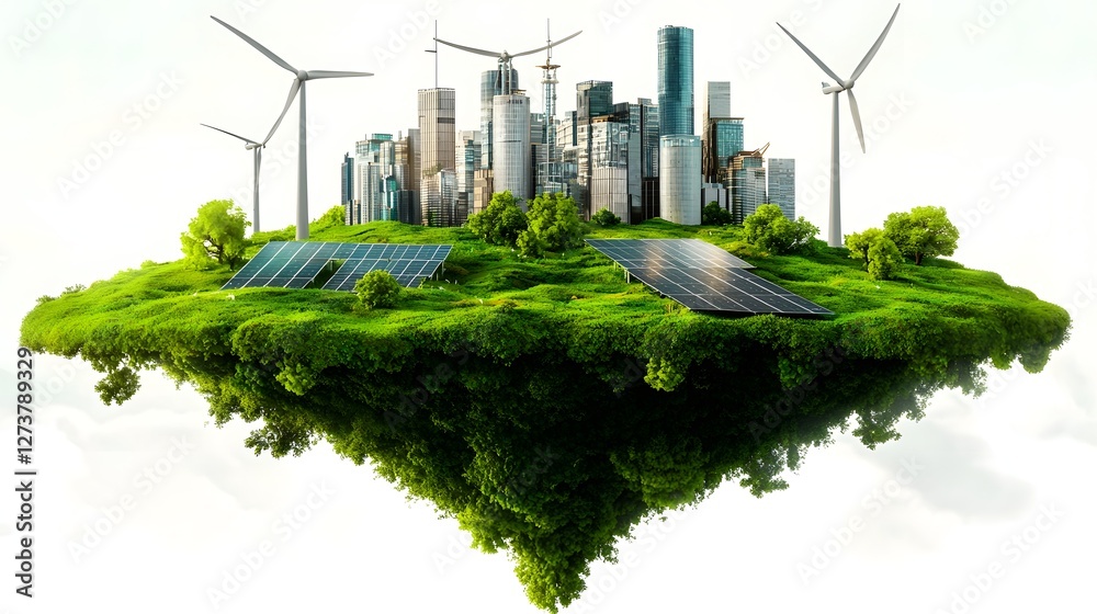 Futuristic 3D of a sustainable eco urban environment with a modern cityscape floating over a green terrain featuring wind turbines generating power and seamless of solar energy technology