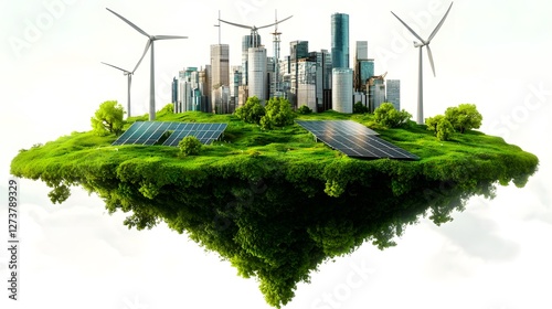 Futuristic 3D of a sustainable eco urban environment with a modern cityscape floating over a green terrain featuring wind turbines generating power and seamless of solar energy technology