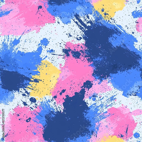 A vibrant design features a multitude of bold brush strokes in bright hues, such as pink, blue, yellow, and purple, superimposed over a pristine white backdrop, producing a dynamic visual impact