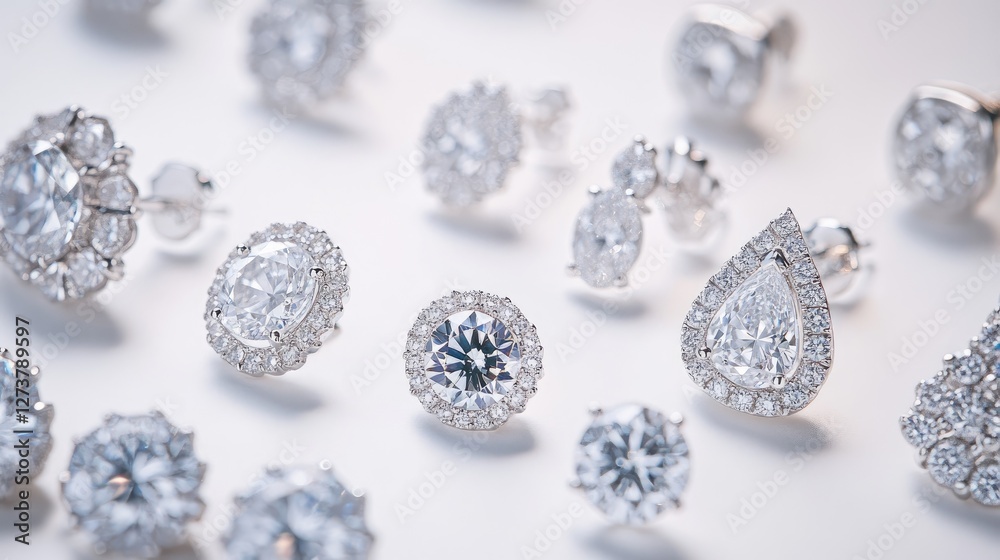 An elegant display of an assortment of diamond earrings, including studs and drop earrings, set against a crisp white backdrop to highlight their sparkle. An elegant display of an assortment of diamond earrings, including studs and drop earrings, set against a crisp white backdrop to highlight their sparkle.