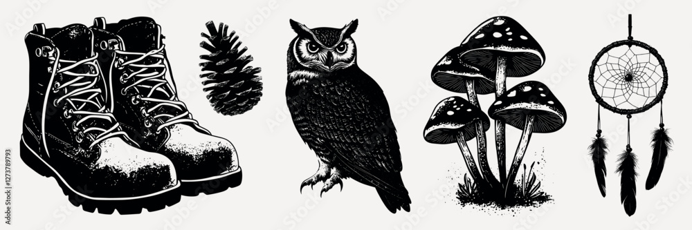 Fototapeta premium Nature-themed vintage illustrations collection, isolated vector set