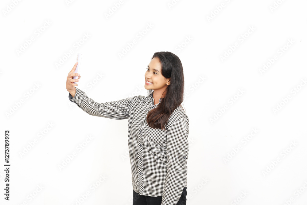 Joyful and Taking a Selfie Of Beautiful Asian Woman Isolated On White Background Joyful and Taking a Selfie Of Beautiful Asian Woman Isolated On White Background