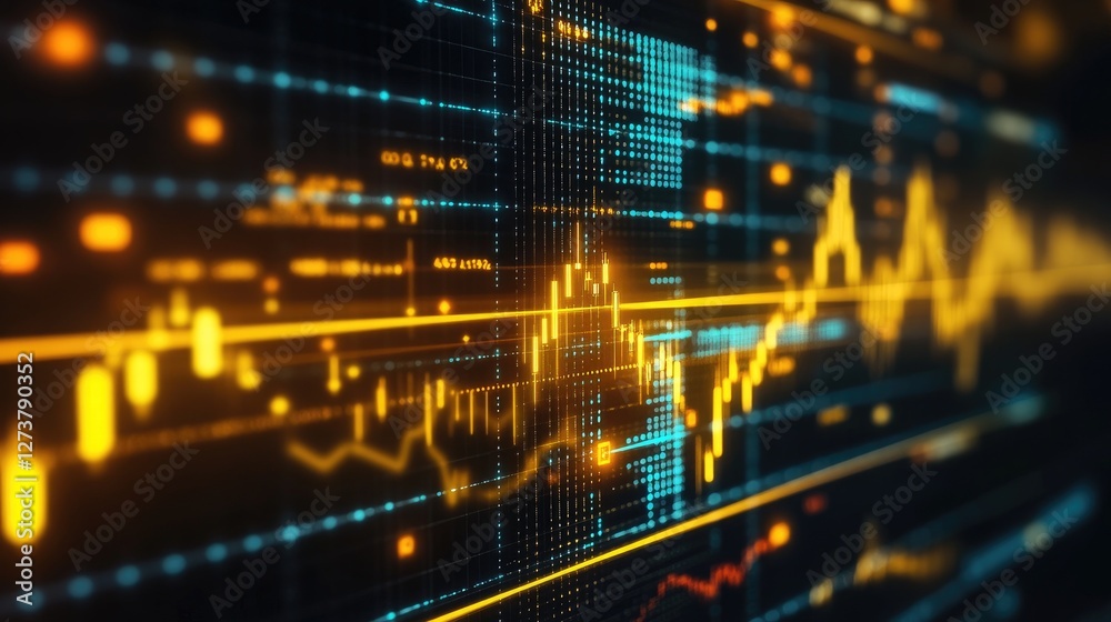 An elegant shot of a gold price chart with various technical indicators and trend lines overlaid on a digital screen, with a focus on the golden color and data. An elegant shot of a gold price chart with various technical indicators and trend lines overlaid on a digital screen, with a focus on the golden color and data.