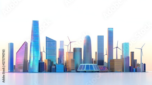 Futuristic cityscape with modern eco friendly buildings powered by renewable energy sources like wind turbines and solar panels