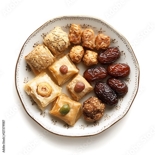 Ceramic Plate Holding a Variety of Traditional Ramadan Snacks. photo