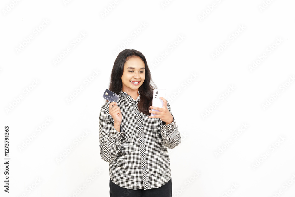 Smiling face Holding Smartphone and Credit Card Of Beautiful Asian Woman Isolated On White Background Smiling face Holding Smartphone and Credit Card Of Beautiful Asian Woman Isolated On White Background