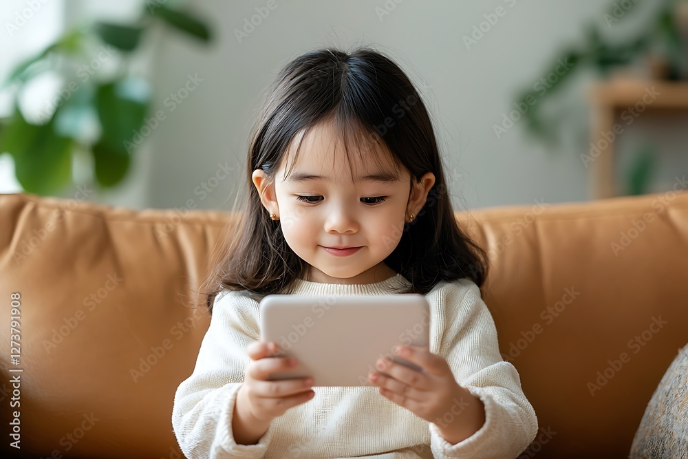 Warm atmosphere child's digital interaction with smartphone in cozy living room Warm atmosphere child's digital interaction with smartphone in cozy living room