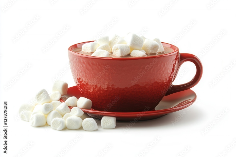 Isolated on a white backdrop is a red cup of hot chocolate with white marshmallows. Generative Ai Isolated on a white backdrop is a red cup of hot chocolate with white marshmallows. Generative Ai