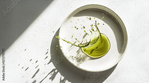 Olive oil splash on a bright white plate, bathed in sunlight creating dynamic shadows and highlights.