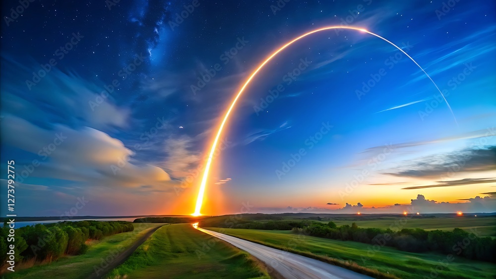 Obraz premium Long-Exposure Rocket Launch, Fiery Glow Arcing Across Twilight Sky Over Lush Landscape