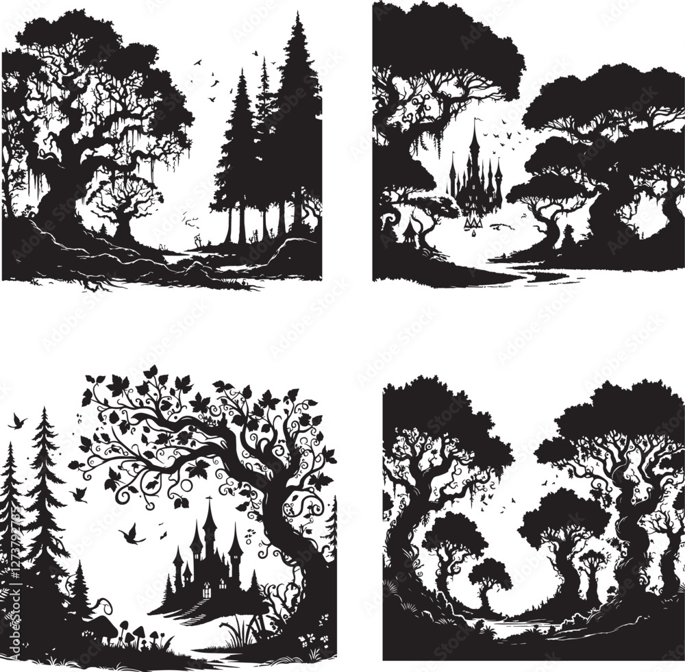 Fototapeta premium Enchanted Woods illustration in black and white silhouette assets in vector farm 