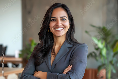Hispanic smiling toothy Latino Indian successful confident Arabian businesswoman worker lady boss female leader girl business woman posing crossed hands looking at camera in office corporate portrait