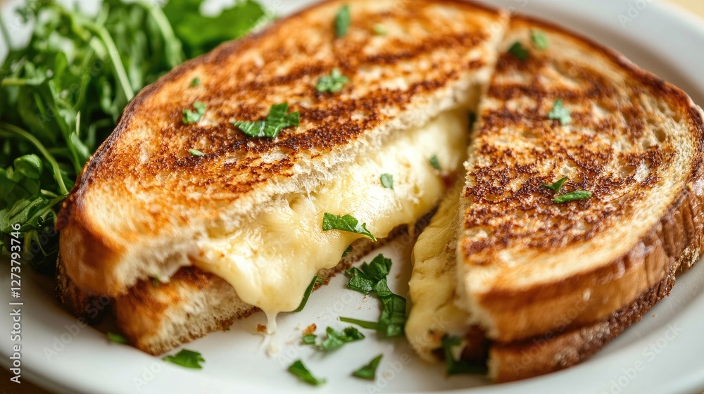 A close-up of a perfectly toasted sandwich with crispy bread and a gooey cheese filling, sliced diagonally and placed on a white plate with a side of fresh greens. A close-up of a perfectly toasted sandwich with crispy bread and a gooey cheese filling, sliced diagonally and placed on a white plate with a side of fresh greens.