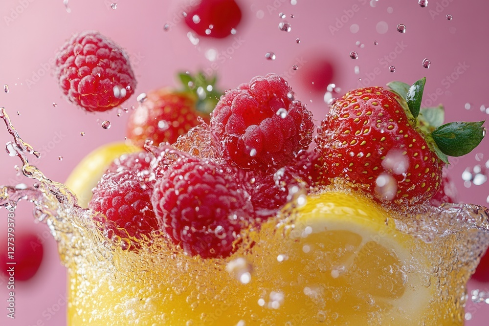 Ginger, lemons, strawberries, and raspberries dropping onto a pink background of yellow carbonated water. Generative Ai Ginger, lemons, strawberries, and raspberries dropping onto a pink background of yellow carbonated water. Generative Ai