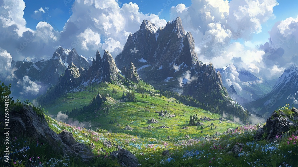 Fototapeta premium A rugged mountain range with sharp, jagged rocks jutting out towards the sky, surrounded by lush green meadows and scattered wildflowers. The clouds above are dramatic, casting shadows over the 