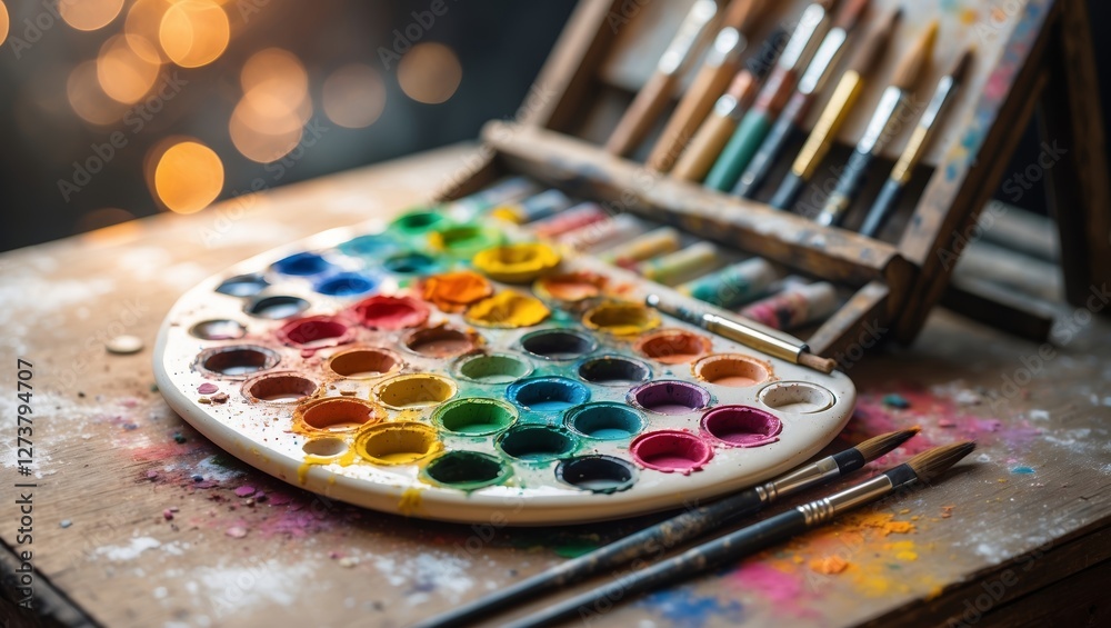 Vibrant paint palette with brushes and colors ready for creative expression during an art session Vibrant paint palette with brushes and colors ready for creative expression during an art session