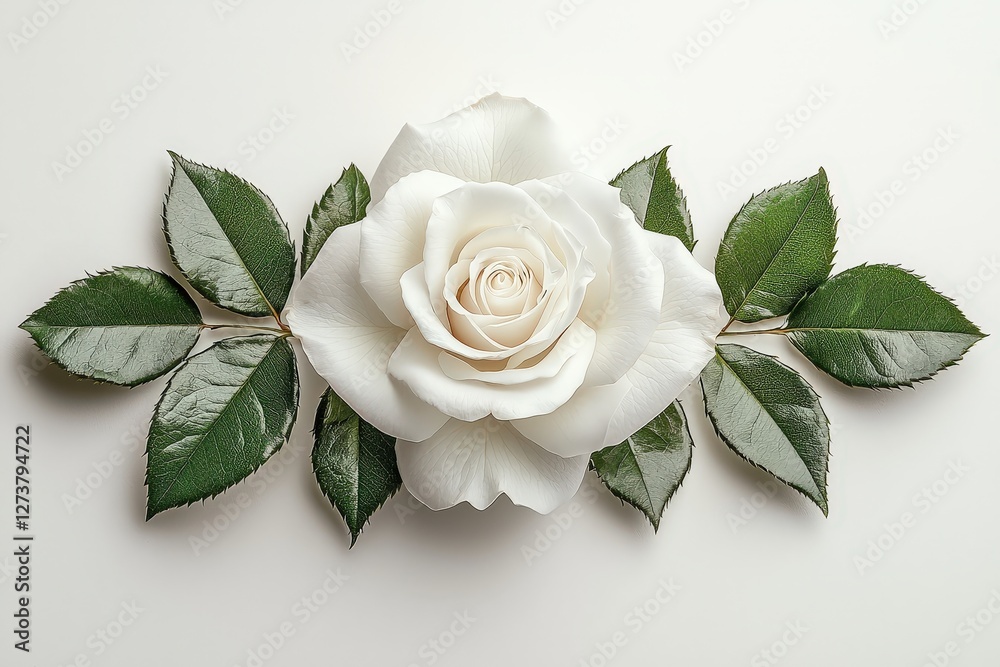 Fototapeta premium Exquisite white rose surrounded by lush green leaves on a pure white background