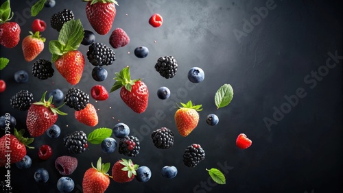 A vibrant cascade of luscious strawberries, blueberries, raspberries, and blackberries floats against a dark background, creating a delectable and dynamic composition.