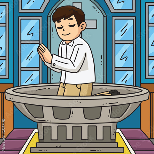 Baptism Font Child Praying Colored Cartoon 