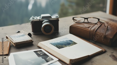 Old camera and personal items arranged on wooden table with mountain pictures and glasses during serene morning