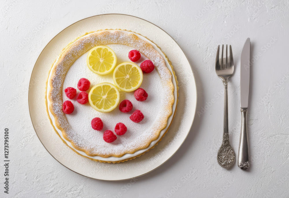 Still life with lemon tart and raspberry on plate looking down Still life with lemon tart and raspberry on plate looking down