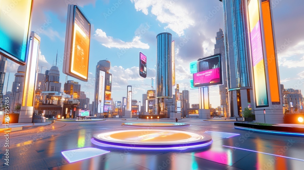 Obraz premium Futuristic Cityscape with Vibrant Holographic Advertisements