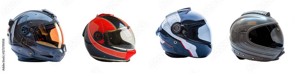 Fototapeta premium Collection of Isolated Aerodynamic Skydiving Helmets Showcasing Innovative Design and Stitched Detailing for Safety