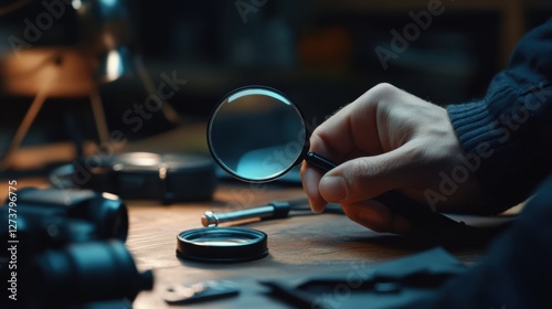 Detective examining a crime scene object with a magnifying glass. Featuring scrutiny and analysis