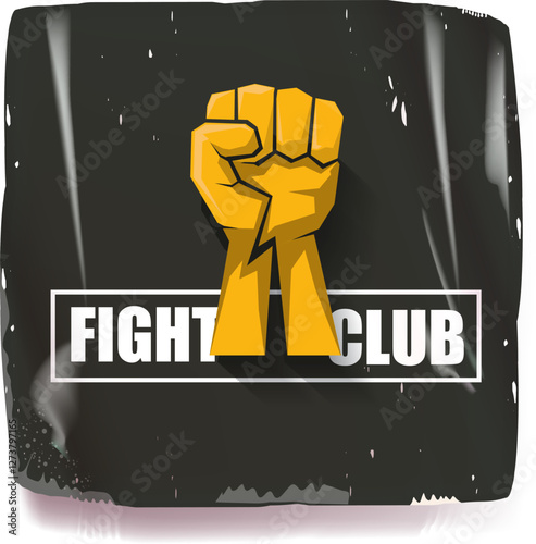 fight club vector grey sticker with logo and orange man fist isolated on white background. MMA Mixed martial arts concept banner and poster design template. Fight club grunge label, icon design