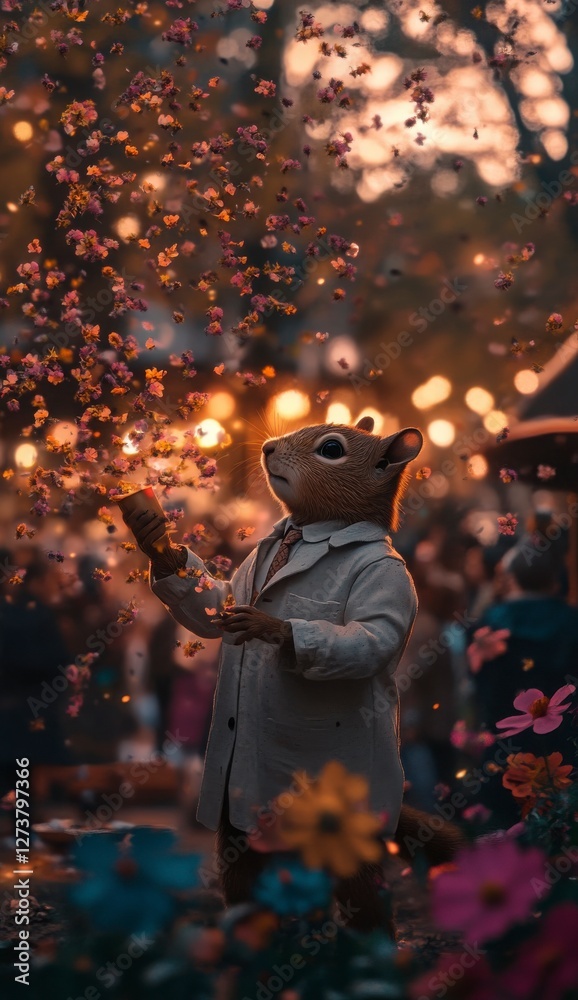 Squirrel in Coat Surrounded by Colorful Flowers and Autumn Lights Squirrel in Coat Surrounded by Colorful Flowers and Autumn Lights