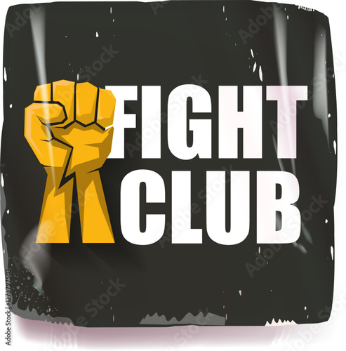 fight club vector grey sticker with logo and orange man fist isolated on white background. MMA Mixed martial arts concept banner and poster design template. Fight club grunge label, icon design