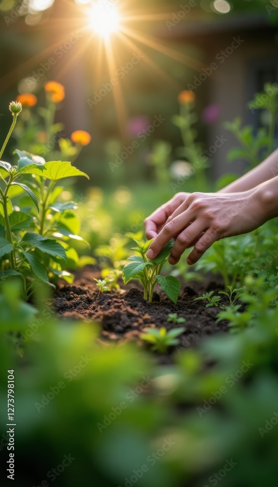Fototapeta premium Person is tending to garden, carefully handling young plant with green leaves. Gardening, nurturing process of plant care. Agriculture, sustainability, and nature.
