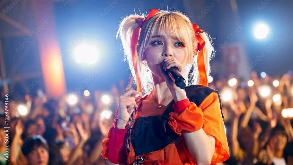 Energetic Female Pop Singer Performs on Stage with a Crowd of Fans; Singing Pop Music with Passion and Energy; Live Concert