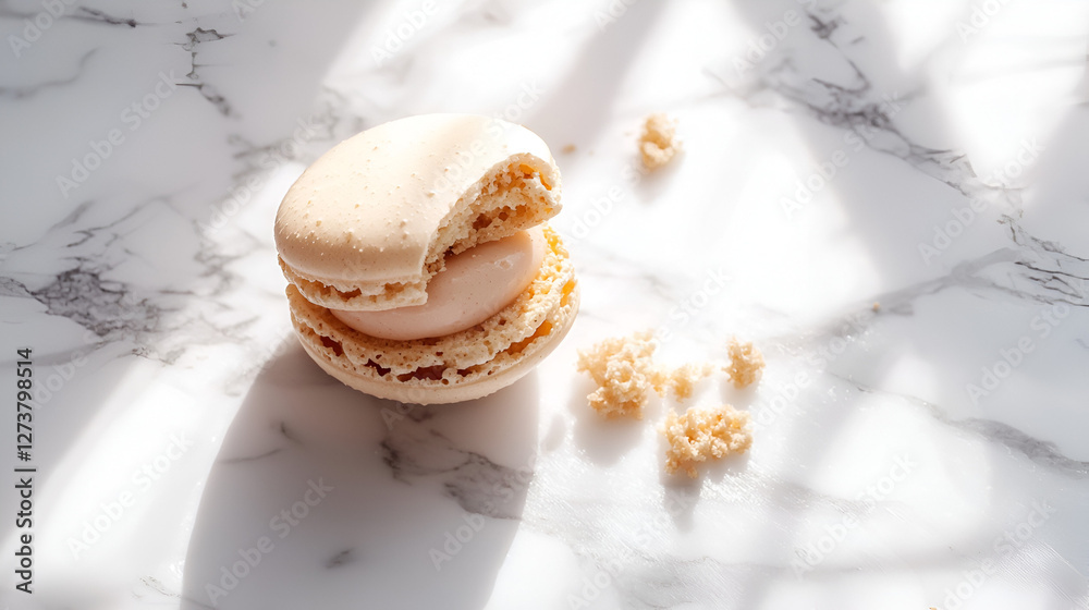 Fototapeta premium Bitten Macaron on Marble Surface - Sweet indulgence captured in bright light, a dessert still life.
