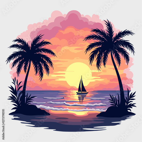Serene Sunset over Tropical Island Paradise