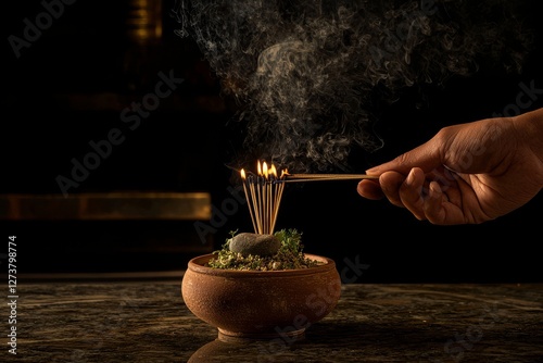 A Buddhist temple situated at Santa Teresa in Rio de Janeiro, Brazil, features a hand lighting incense on a candle placed inside a small pottery vase photo