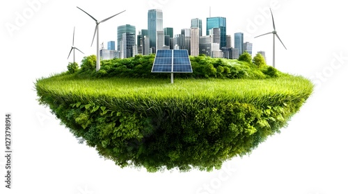 Obraz na płótnie Sustainable Futuristic Urban Green Infrastructure with Renewable Energy Technologies such as Wind Turbines and Solar Panels Levitating over Lush Grass on a White Backdrop 3D w salonie