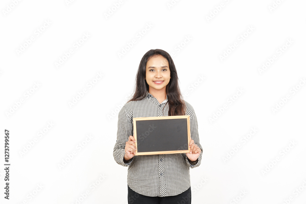 Smiling Woman Holding Chalkboard in Studio Of Beautiful Asian Woman Isolated On White Background Smiling Woman Holding Chalkboard in Studio Of Beautiful Asian Woman Isolated On White Background