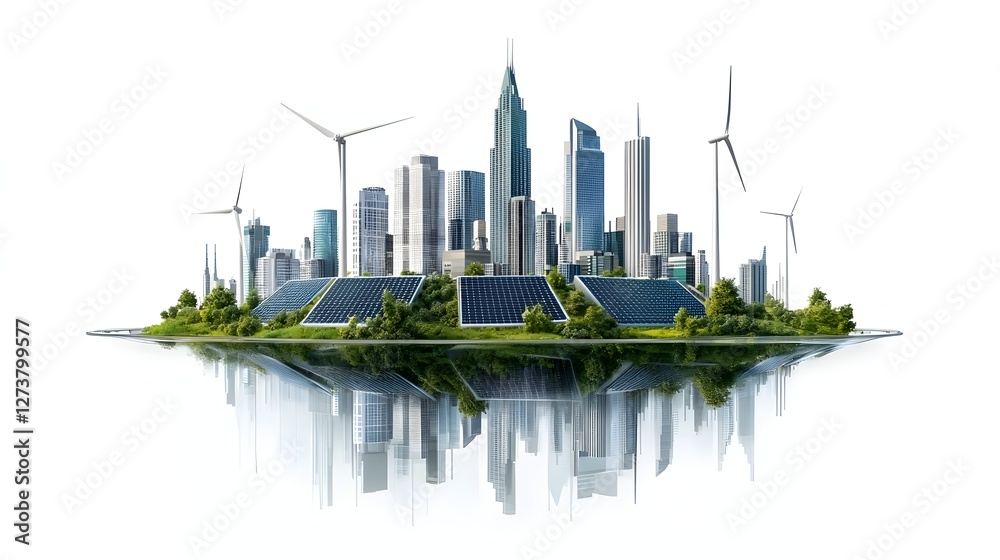 Visionary of a sustainable eco friendly urban landscape featuring a futuristic skyline with wind turbines solar panels and floating architectural structures