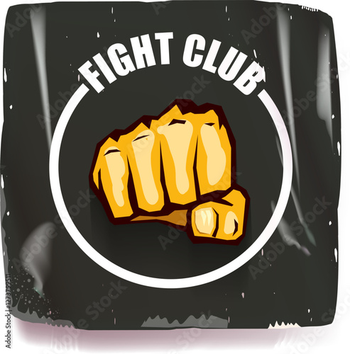 fight club vector grey sticker with logo and orange man fist isolated on white background. MMA Mixed martial arts concept banner and poster design template. Fight club grunge label, icon design