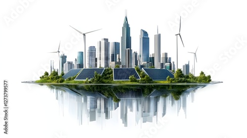 Obraz na płótnie Visionary of a sustainable eco friendly urban landscape featuring a futuristic skyline with wind turbines solar panels and floating architectural structures w salonie