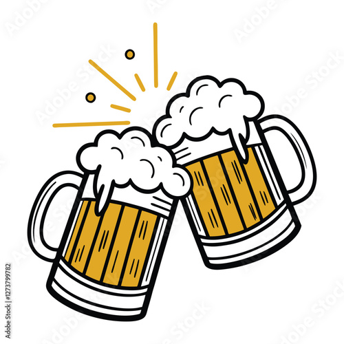 Cheers with two mugs of beer with foam isolated on white