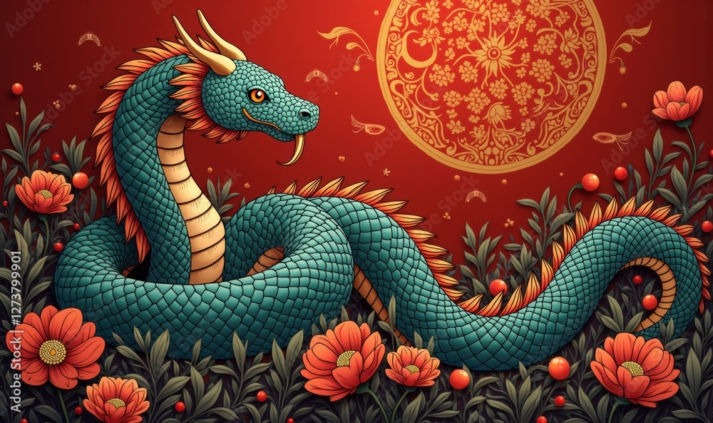 Vibrant dragon illustration surrounded by flowers and a circular motif, perfect for cultural events, celebrations, or decorative designs. Vibrant dragon illustration surrounded by flowers and a circular motif, perfect for cultural events, celebrations, or decorative designs.