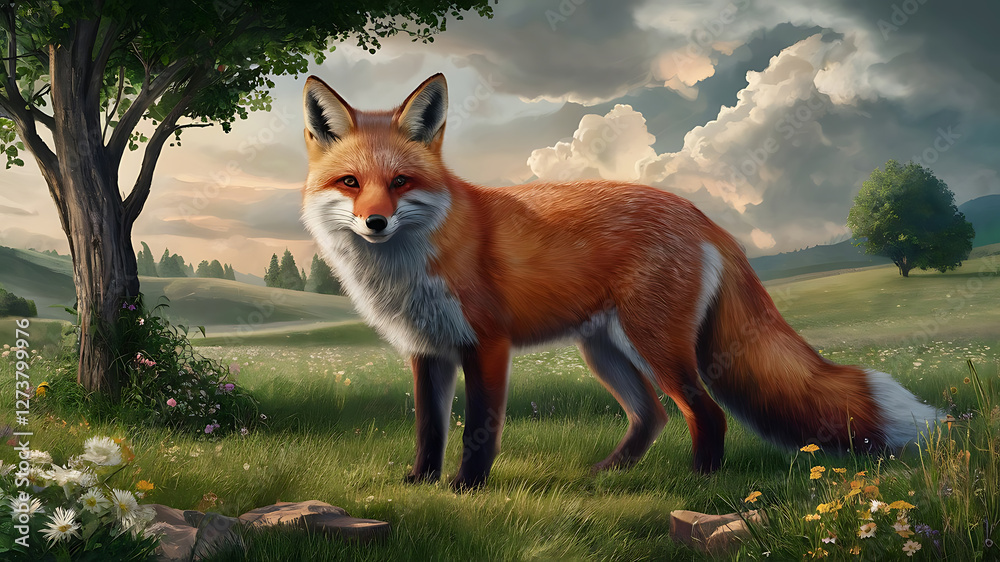 Beautiful red fox in the field background with green tree, flowers and cloud sky realistic design. Beautiful red fox in the field background with green tree, flowers and cloud sky realistic design.