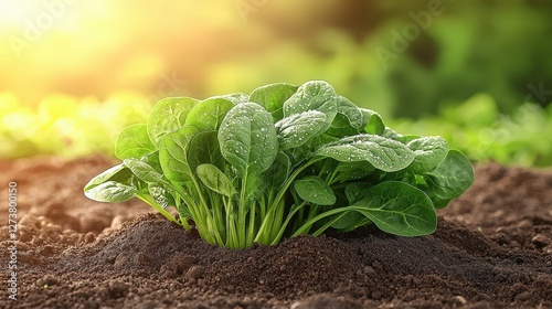 Vibrant green plant growing strongly in rich, dark soil under natural sunlight