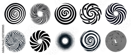 Abstract spiral vortex designs isolated illustration, vector set